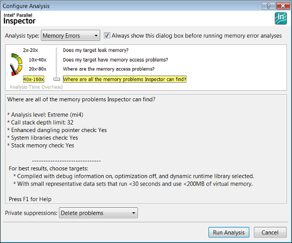 Figure 10. The settings window of Parallel Inspector program before launching an application.